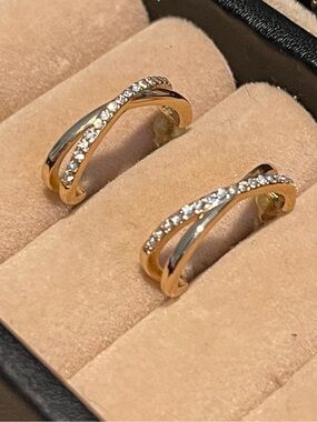 Gold Tone Pavé CZ Crossover Huggie Hoop Earrings